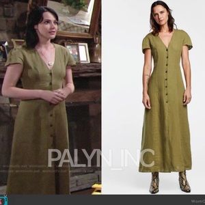ZARA KHAKI LONG 100% LINEN DRESS V Neck Olive Green Size M